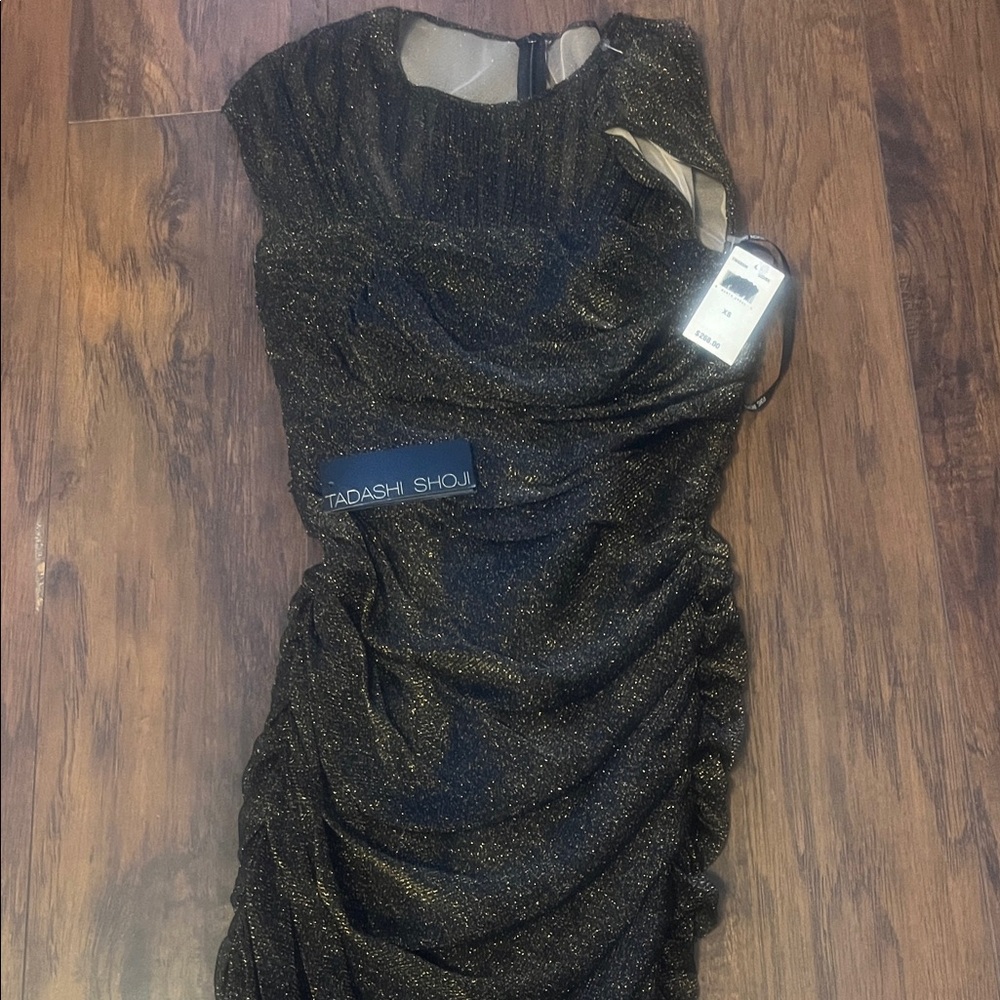 Tadashi Shoji Glittering Black and Gold Mini Dress